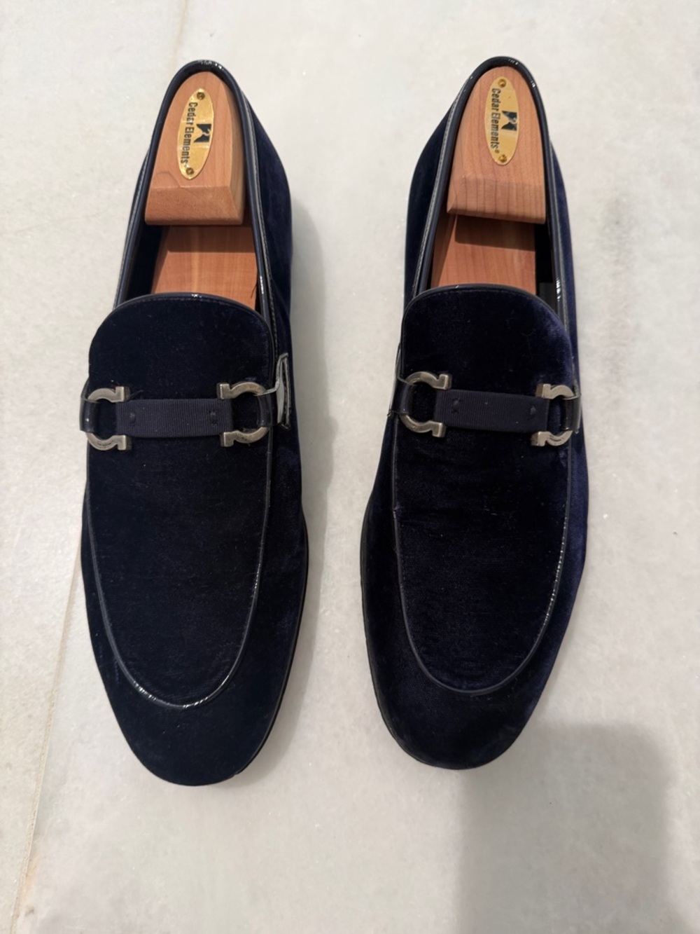 Salvatore Ferragamo Navy Velvet Bit Loafers